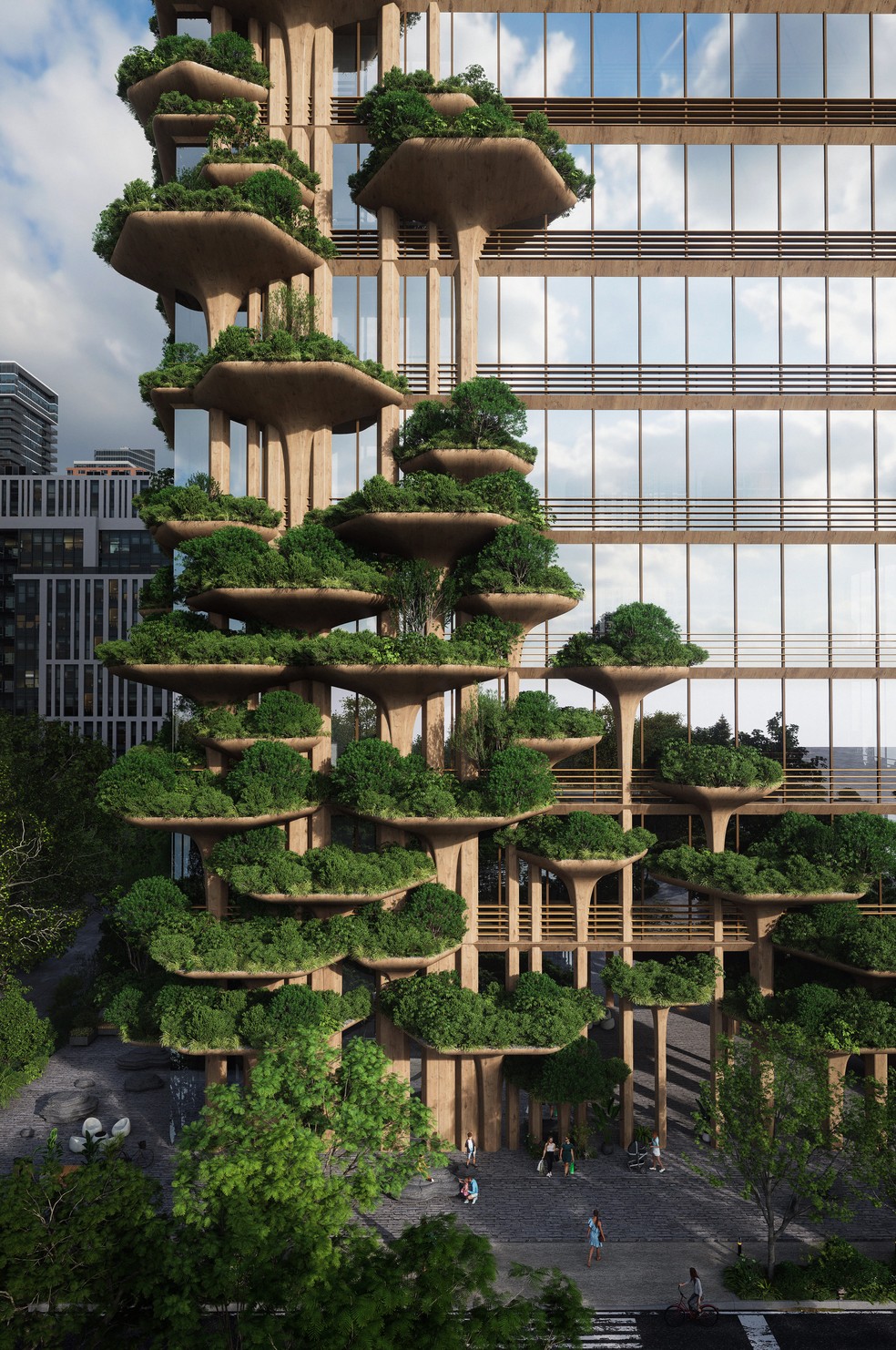 Com terraços cheios de planta, sua fachada se assemelha a um tronco estampado por fungos e cogumelos — Foto: Victor B. Ortiz