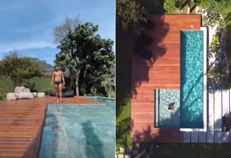 Rômulo Estrela dá um mergulho e nada na piscina de sua nova casa — Foto: Reprodução/Instagram @romuloestrela