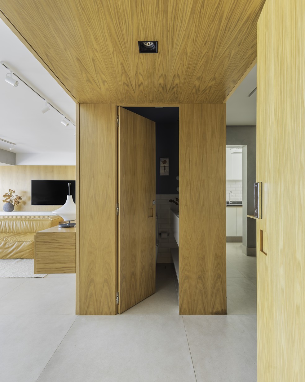 Ao centro do living, o lavabo ocupa um cubo de madeira no pavimento inferior — Foto: Guilherme Pucci