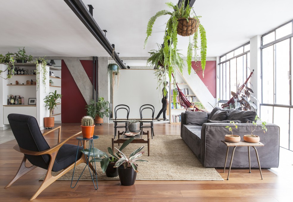 Disposts nos trilhos de ferro na sala de estar, plantas acrescentam vida para os interiores de apartamento na República, no Centro de São Paulo — Foto: Maira Acayaba