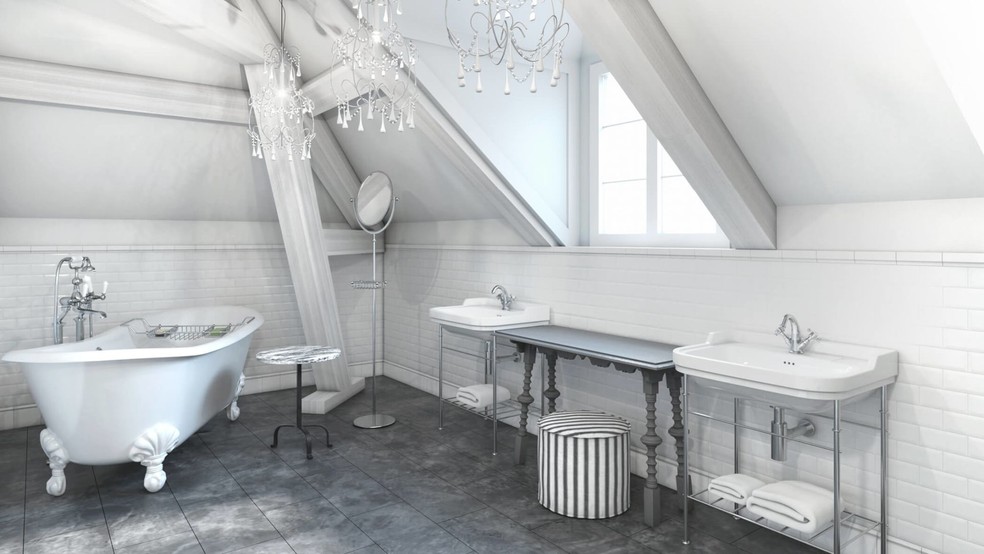 Banheiro da suíte Montrachet, em tons de cinza suave — Foto: Cortesia de Como Le Montrachet