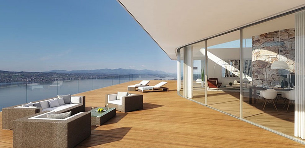 A mansão conta com uma vista deslumbrante para o Lago de Zurique — Foto: Kamata Development