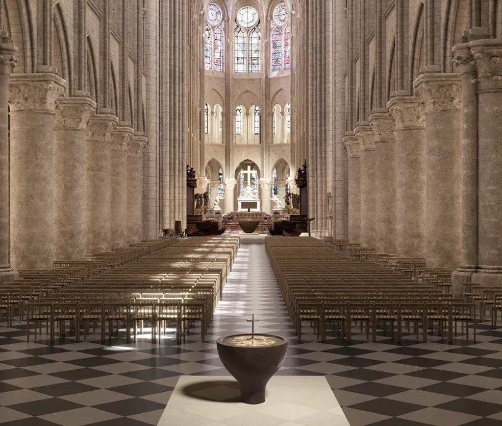 Catedral de Notre-Dame com os detalhes góticos originais presentes  — Foto: Cortesia Galerie Kreo