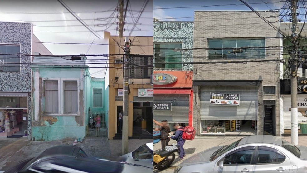 À esquerda, o cortiço demolido no bairro Belenzinho. À direita, o estabelecimento comercial construído após a demolição — Foto: Google Street View