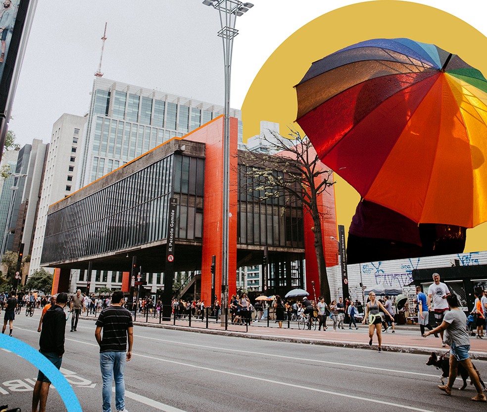 Avenida Paulista: símbolo de São Paulo, via é sede da maior Parada LGBTQIAP+ do mundo. Em 2023, reuniu 3 milhões de pessoas — Foto: Eduardo Dutra e Pexels | Colagem Jeff Leal e Thais Araújo Figueiredo