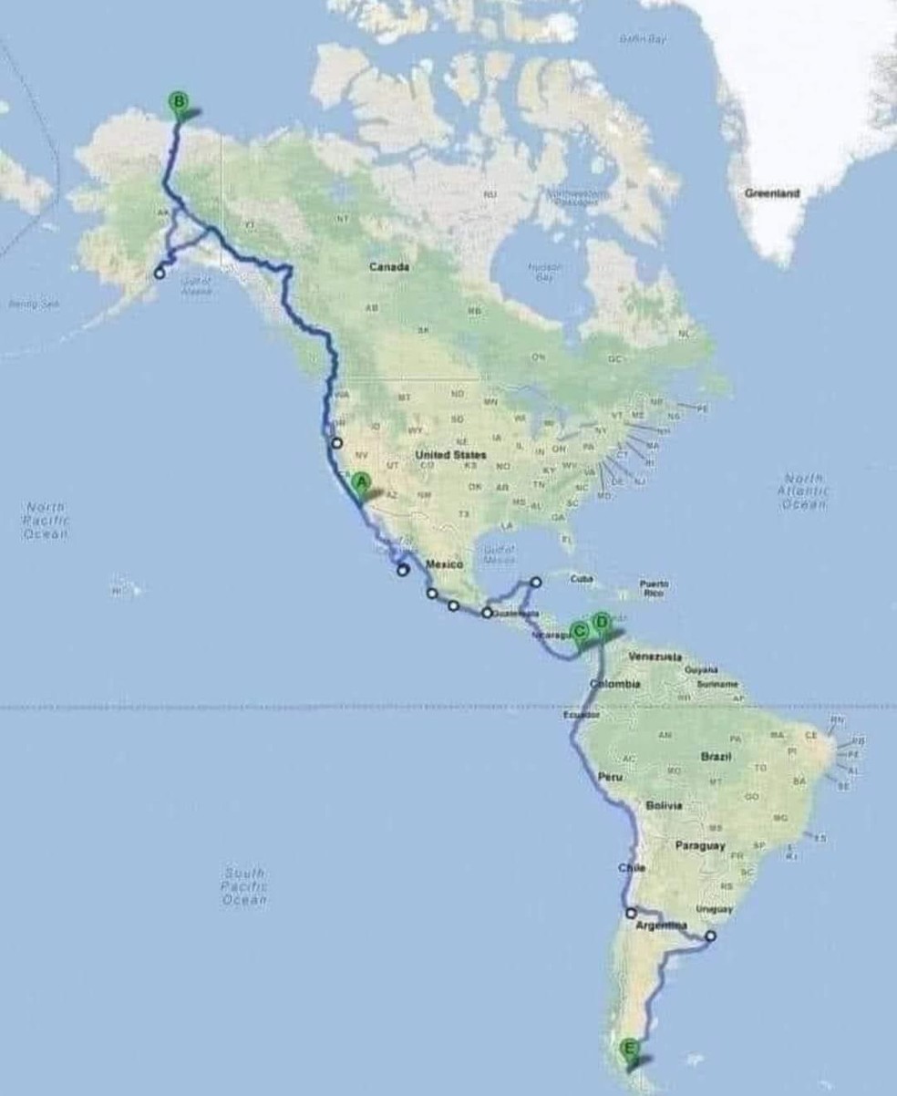 O percurso da Rota Panamericana vai do Alasca ao sul da Argentina — Foto: Reprodução/Twitter