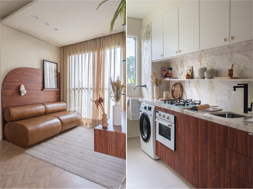 Compacto e chique: apartamento de 45 m² tem móveis sob medida e paleta neutra — Foto:  Raphael Medeiros