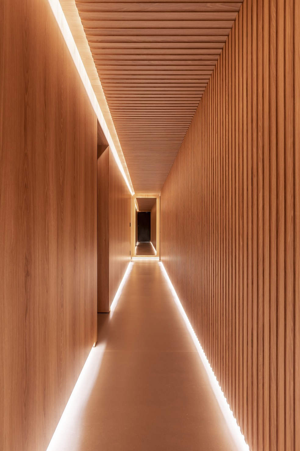 O corredor que dá acesso à área íntima tem uma atmosfera cênica — Foto: Rafael Renzo