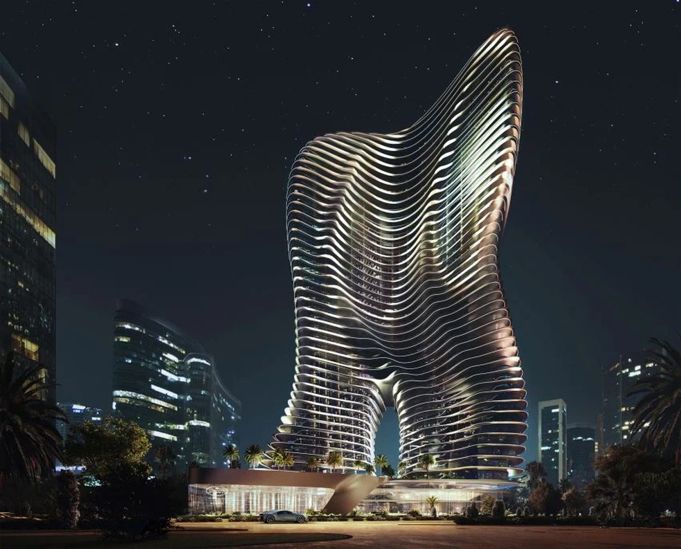 O formato do prédio residencial da Bugatti, em Dubai — Foto: Divulgação