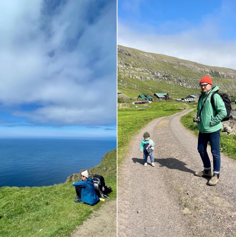 Ashlea Halpern (à esq.) curtindo Ilhas Faroé com o marido e o filho — Foto: Reprodução/Instagram @ashleahalpern