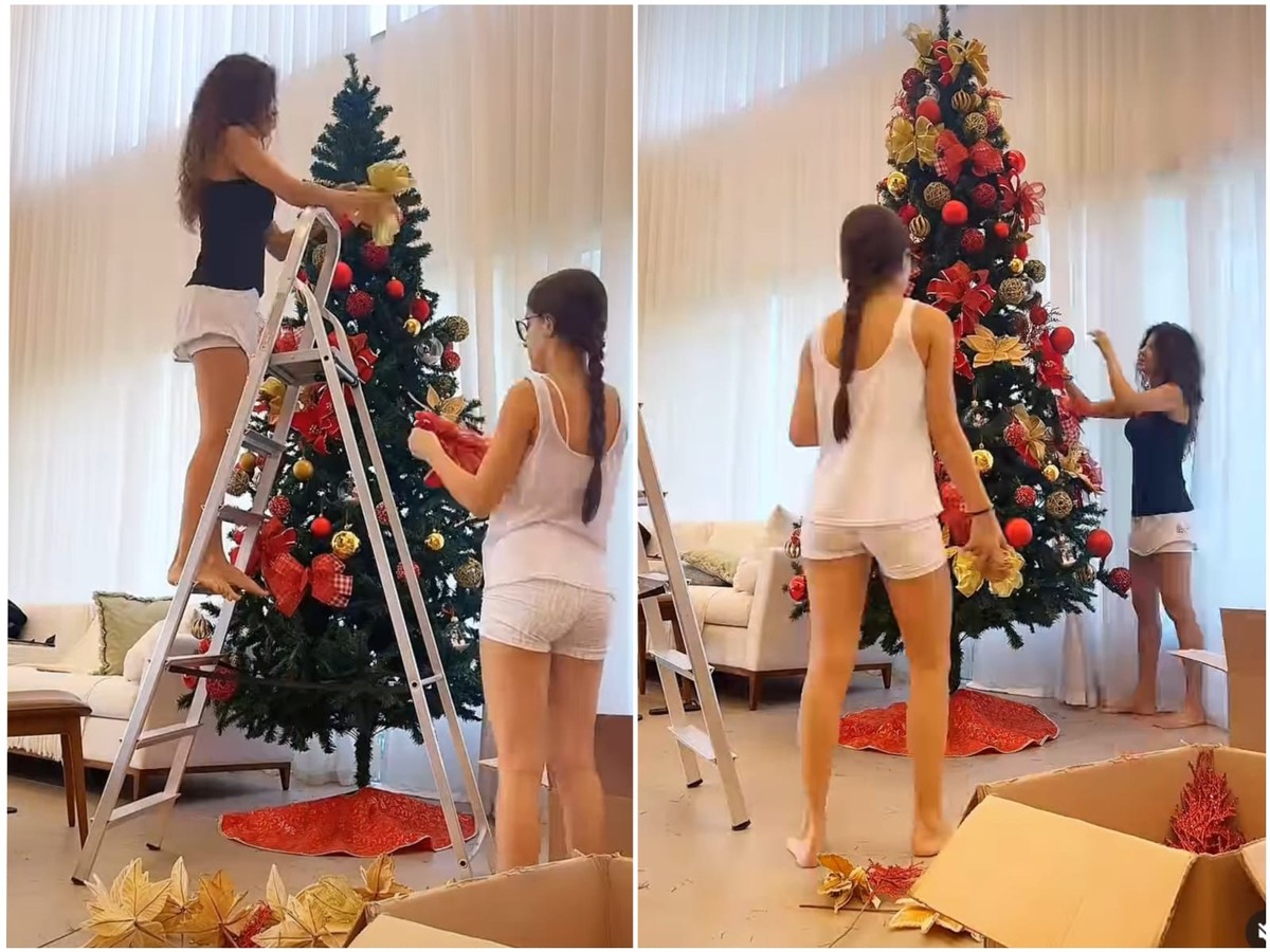 Paula Fernandes monta árvore de Natal em fazenda