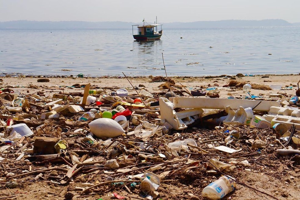 Parte do lixo que chega à Ilha do Fundão pela Baía de Guanabara — Foto: Reprodução/Instagram @orlasemlixo