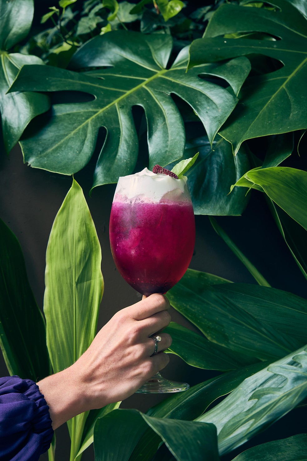 Drink Le Rouge, com purê de pitaya, chandon e limão servido no restaurante Vista Jardins — Foto: Divulgação
