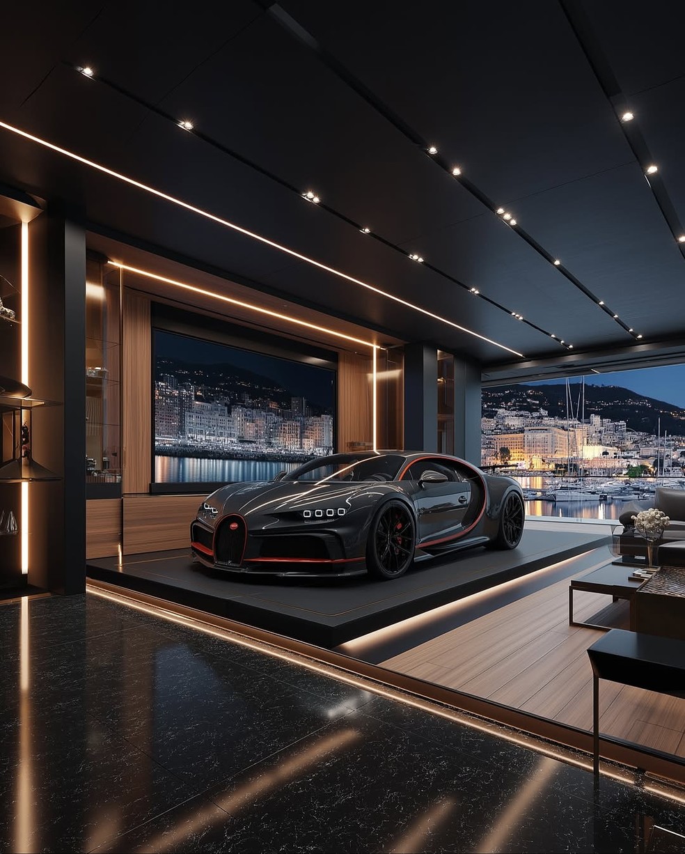 Iate de luxo tem galeria de carros com um Bugatti Chiron — Foto: Divulgação