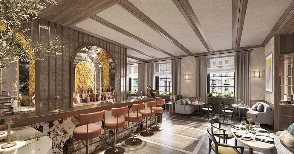 O hotel conta com três bares e nove restaurantes — Foto: Divulgação/Raffles London at The OWO